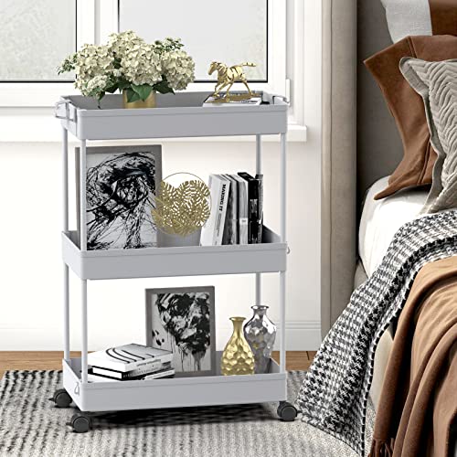 SPACELEAD 3 Tier Rolling Cart with Wheels, Storage Craft Art Trolley Organizer Serving, 3 Hanging Baskets Easy Assembly, for Office, Living Room, Kitchen, Gray - color: Grey