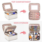 HXLGMD Large Makeup Bag with Mirror Double Layer Travel Make Up Organizer Case, Large Capacity Coemetic with Brush Slot Divider, Travel Toiletry Bag for Women - White/Beige - color: Beige