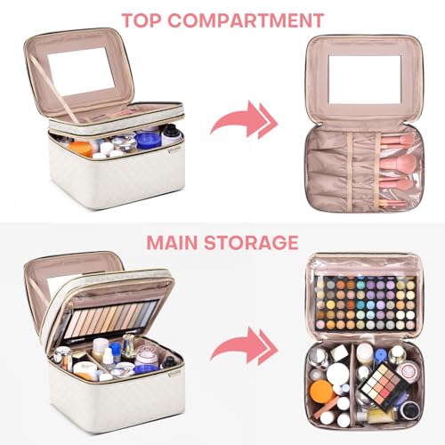 HXLGMD Large Makeup Bag with Mirror Double Layer Travel Make Up Organizer Case, Large Capacity Coemetic with Brush Slot Divider, Travel Toiletry Bag for Women - White/Beige - color: Beige
