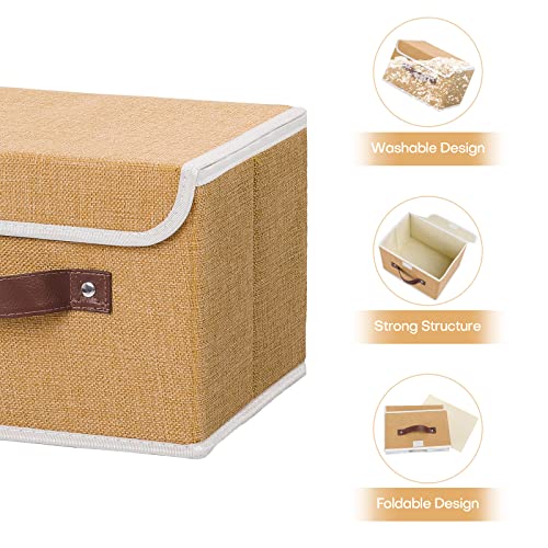 ANMINY Storage Bin with Lid Storage Boxes with PU Leather Handles PP Plastic Board Decorative Foldable Lidded Cotton Linen Fabric Home Cubes Baskets Closet Organizer Container - Khaki, Small Size - color: Khaki, size: Small (Pack of 1)