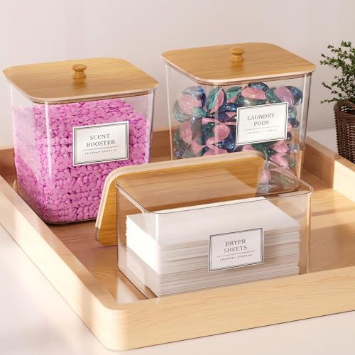 HomePekite Laundry Pods Storage Container, Clear Laundry Room Organization and Storage,Detergent Powder Container,with Wooden Lids & Labels, 3+1 Pack - style: 3+1 Pack