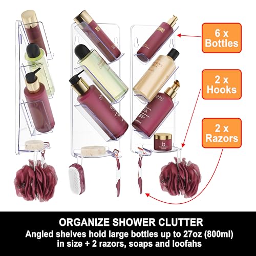 ShowerGem Easy Clean Shower Caddy, 2 Pack Durable Rustproof Bath Organizer, No Suction Cups, No Screws, Wall Mounted Adjustable Shower Rack, Acrylic Shelves As Seen On Instagram
