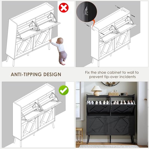 Nicetree Shoe Cabinet with 4 Flip Drawers, Hidden Shoe Rack Cabinet with Metal Legs, Farmhouse Narrow Shoe Storage Cabinet for Entryway, Foyer, Hallway, Black with Hook - color: Black, style: 4-Drawers