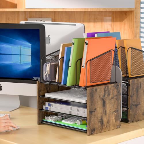 4-Tier Desk Organizer, Desk File Organizer with 5 Vertical File Holders, Office Desktop Organizer with 3 Level Paper Organizer Letter Tray, Wooden Desk Organizers and Accessories for Home Office - size: No Drawer