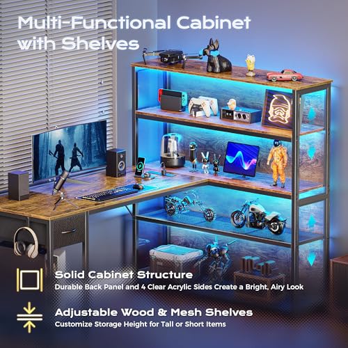 PRAISUN 57 Inch L Shaped Gaming Computer Desk with Larger Open Cabinet, Reverisble Office Desk with Power Outlets, LED Lights, Work Desk, Fabric Drawer, Adjustable Wood and Mesh Shelf, Rustic Brown - color: Rustic Brown