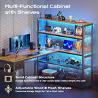 PRAISUN 57 Inch L Shaped Gaming Computer Desk with Larger Open Cabinet, Reverisble Office Desk with Power Outlets, LED Lights, Work Desk, Fabric Drawer, Adjustable Wood and Mesh Shelf, Rustic Brown - color: Rustic Brown