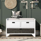Solid Acacia Wood Entryway Bench - Fully Assembled Storage Bench with 2 Drawers, Rattan Basket & Cushion, No Assembly Required (White) - color: White