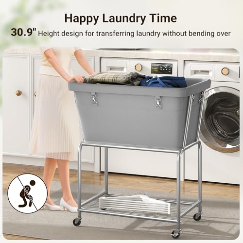 ELYKEN Rolling Laundry Hamper with Wheels, 32-Gallon (122L) Laundry Cart with Removable Bag, 2-Tier Clothes Basket Hamper with Shelf for Closet, Bedroom, Bathroom, Laundry Room, Gray - color: Gray, size: 27.4"L x 19.9"W x 30.9"H