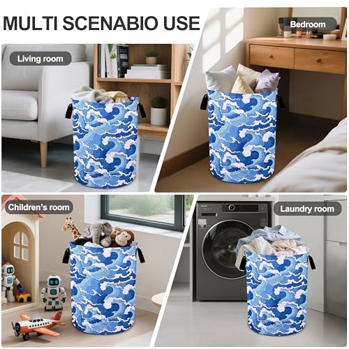 Ocean Wave Laundry Basket Foldable Oxford Cloth Tote Bag Laundry Hamper Clothes Storage Bucket Organizer For Bathroom/Laundry Storage/Bedroom 19.6x15.7 Inch - color: Ocean Wave