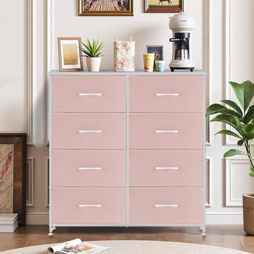 8-Drawer Dresser for Bedroom, Anti-Tip Tall Storage Organizer Chest of Drawers with Wooden Top and Metal Frame Fabric Bins for Closet, Living Room, Hallway, Entryway, Pink - color: Pink, size: 11.8"D x 31.4"W x 36.3"H (8 Drawers)