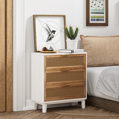 COZAYH Farmhouse 3-Drawer Nightstand, Rattan Cane Front Accent Dresser with Brass Pull, Distressed White - color: Distressed White, style: 3 Drawer/1 pack