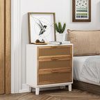 COZAYH Farmhouse 3-Drawer Nightstand, Set of 2 Rattan Cane Front Accent Dresser with Brass Pull, Distressed White - color: Distressed White, style: 3 Drawer/2 pack