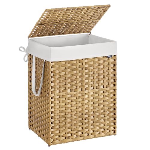 SONGMICS Laundry Hamper with Lid, 29.1 Gallon (110 L) Synthetic Rattan Clothes Laundry Basket with Lid and Handles, Foldable, Removable Liner, Goose Yellow ULCB152Y01 - color: Goose Yellow, size: 110 L