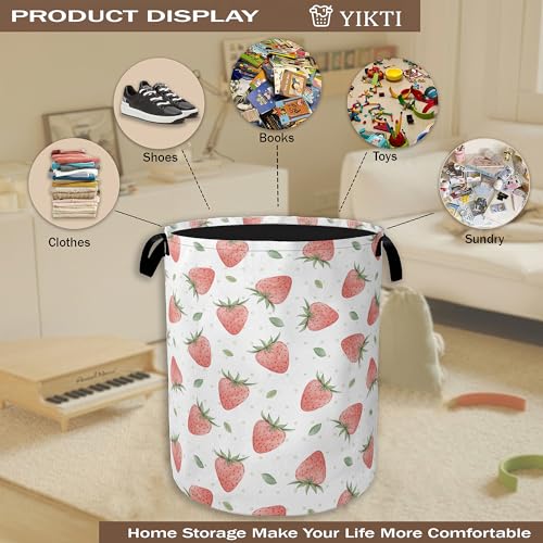 Watercolor Pink Strawberry Laundry Hamper,Green Leaves Collapsible Laundry Baskets,Waterproof Oxford Cloth Laundry Room Organization for Bedroom,Bathroom,Nursery,16x20 Inch - color: Watercolor Pink Strawberry