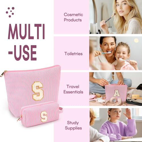 2 PCS Initial Makeup Bags for Women: Cosmetic Bag for Travel Toiletry - Birthday Gifts for 11 12 13 14 15 16 17 18 Years Old Girl Graduation Teacher Gift- Teen Girl Gifts Trendy Stuff - Pink S - color: Pink, style: S