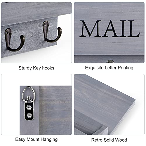 DLQuarts Mail Organizer with Key Holder for Wall Decorative Mail Sorter Wall Mounted, Wooden Mail Holder with 3 Hooks, Gray - color: Gray
