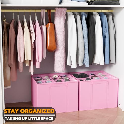 SpaceAid Shoe Organizer for Closet, 2 Pack Foldable Shoe Storage Containers Baskets Boxes Bins w/Adjustable Dividers, Fits 16-32 Pairs, Pink - color: Pink