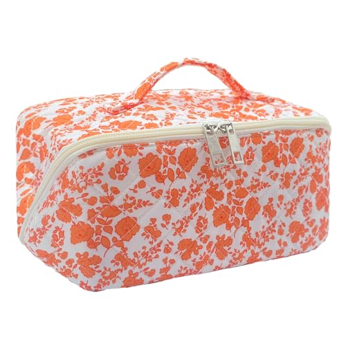 Orange Large Quilted Floral Makeup Bag Cute Coquette Aesthetic Cosmetic Bag Open Flat Travel Toiletry Make up Bag for Women - color: C-lay flat orange
