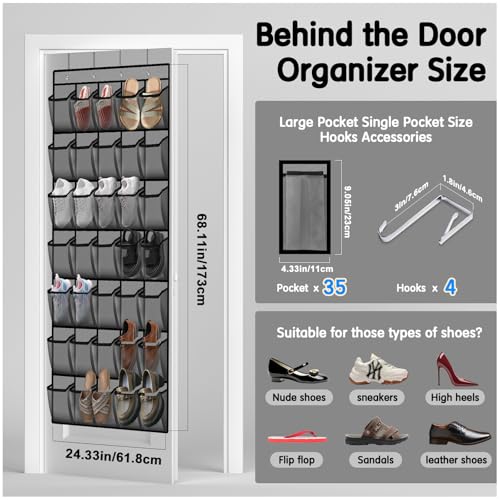 Kotkn 35 Compartment Over The Door Storage - Breathable Mesh Hanging Organizer with Large Pockets, Space Saving Design for Men & Women's Footwear, Closet, Bedroom (Gray) - color: 35-Gray