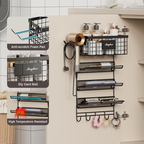 Magheo Hair Dryer Holder Wall Mounted, Adheisve Hair Styling Tool Organizer for hair Brush/Appliance Wall Mount with 5 Tier Shelf Basket Hooks Blow Dryer and Straightener Holder for Bathroom(Black) - color: Black, size: Wall Mount - 1 Pack (5 Tier)