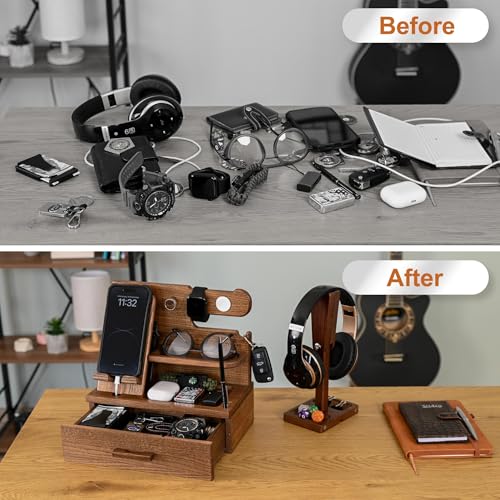 TESLYAR Wood Phone Docking Station with Drawer - Nightstand Organizer - Desk Organizer for Husband - Birthday Gifts for Men, Dad, Anniversary Idea, Key Holder Stand Watch & Accessories (Earth Beige) - color: Earth Beige