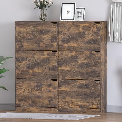 BORNOON Shoe Cabinet with 6 Flip Drawers, Slim Narrow Shoe Storage Cabinet, Freestanding Shoe Organizer for Entryway, Hallway, Foyer - color: Brown, size: 6-Drawer