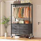 Raybee Clothes Rack Heavy Duty Clothing Rack with Rolling Wheels & 4 Drawers, Clothing Racks for Hanging Clothes with Drawers, Black - color: Black, style: Clothes Rack with Wheels