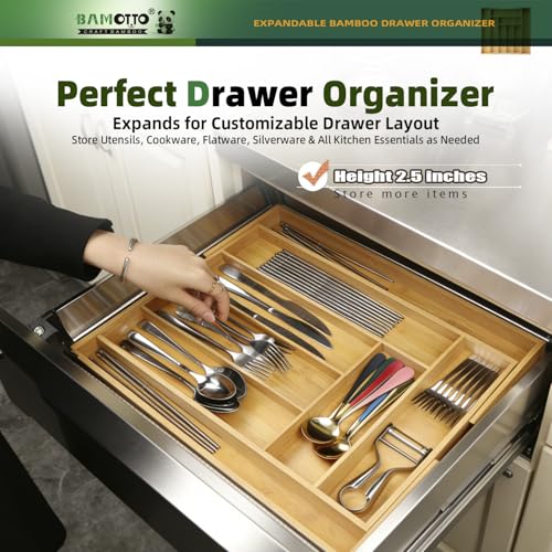 BAMOTTO CRAFTBAMBOO Expandable Bamboo Kitchen Drawer Organizer – Silverware Organizer, Utensil Holder & Cutlery Tray Drawer Dividers for Flatware (20"x16.9" Large Size, 8 Slot, Natural) - color: Bamboo (Expandable Adjustable), size: 16.9" L x 12.8-20" W x