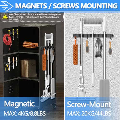 3-H Magnetic Broom Holder Wall Mount 2 Pack, 2-in-1 Dual Mount (No Drill or Screw Fix), 304 Stainless Steel Heavy Duty Magnet Mop Broom Organizer for Kitchen Garden Garage(3 Racks & 4 Hooks,Black) - color: Black, size: 2pc & 3R4H