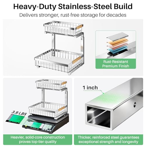 Under Sink Organizer, Stainless Steel 2 Packs 2 Tier Under Sink Organizers and Storage, Slide out Pull out Cabinet Shelf, Sliding Drawer for Kitchen Bathroom Pantry Cabinet Closet Organization Rack - color: Silver, size: 2 Pack