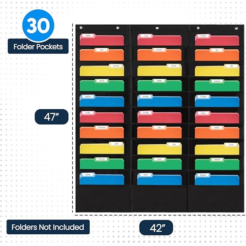 Essex Wares - 30 Pocket File Pocket Chart, Black, 42" Wide x 47" Tall - Versatile Wall Hanging File Folder Organizer for Classroom, Office, Home, and More - Wall Folder Organizer - 30 Pockets - size: 30 Pocket