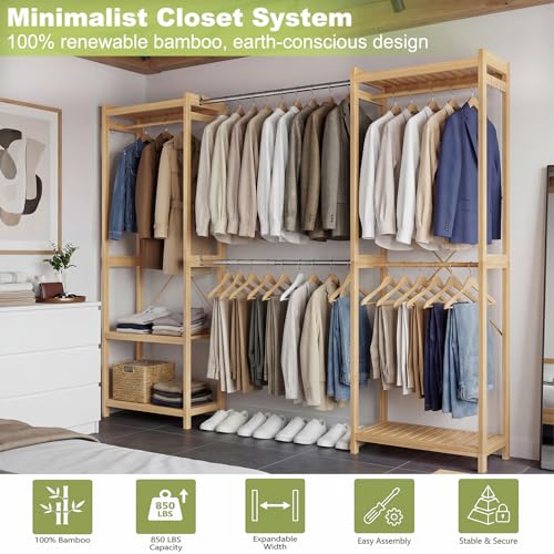 Homykic Bamboo Closet System, 71"-91" Expandable Clothing Rack with 5 Hanger Rods & Shelves, 6.6ft Tall Garment Rack Organizer for Walk-in Closet Bedroom, Max Load 850LBS, Easy to Assemble - color: Natural, size: 91"Wx14.2"Dx79"H