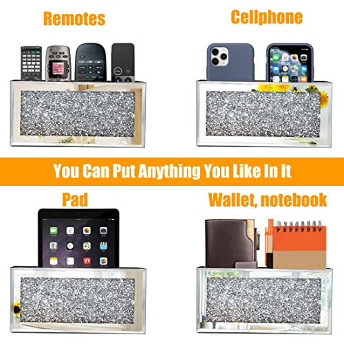 GOTHICO Mirrored Remote Holder, Wall Mounted Crush Diamond Bling Decoration Organizer Storage Box for Remote Phone Pad Wallet Notebook (8.3"×2.5"×4" For 3 or 4 Remote Controls)