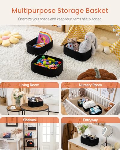 Small Woven Basket, 12 x 8 x 4.5 Inches, Storage Basket for Organizing, Cute Small Rope Shelf Closet Cube Storage Bins Baskets for Shelves, Dog Toy Gift Baskets Empty, 3 Packs, Black - color: Black, size: 12"L x 8"W x 4.5"H