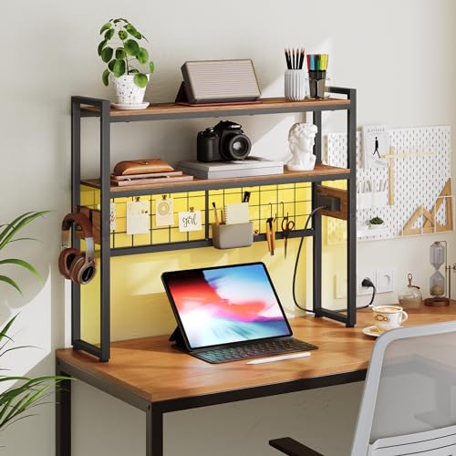HOOBRO Desktop Bookcase, 2-Tier Desktop Organizer, 29.9" Wooden Office Storage Rack with Outlets, Display Shelf Rack with Light Strip, Desk Hutch for Office, Rustic Brown BF11UDSJ01 - color: Rustic Brown+black, size: 29.9"D
