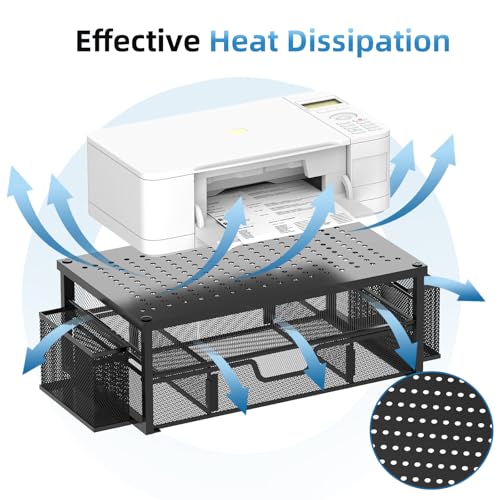 SUPEASY Printer Stand for Desk with Storage, 2-Tier Metal Monitor Stand Riser with Drawer and 2 Pen Holders, Multifunctional Desktop Organizer for Home Office Desk Accessories, Black