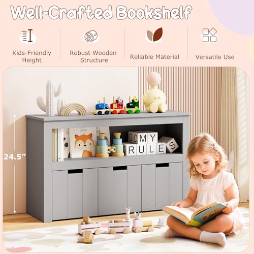 GLACER Toy Storage Organizer, Wooden Montessori Shelf with 3 Movable Drawers, Hidden Wheels, Toy Box for Boys and Girls, Kids Storage Organizer for Playroom, Nursery, Kindergarten, Living Room (Gray) - color: Gray