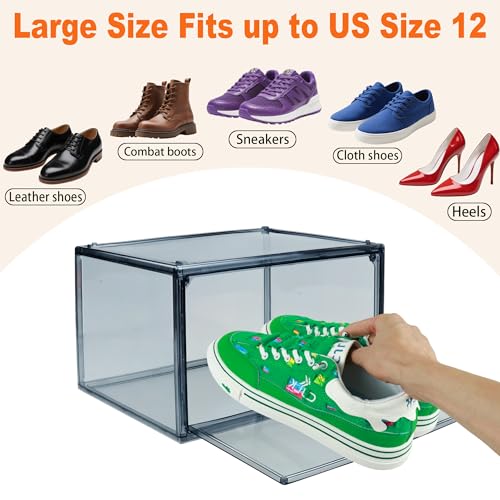 12 Pack Shoe Boxes Size 13 Acrylic Shoe Organizer Clear Storage Box Plastic Stackable Sneaker Display Case with Magnetic Lids - color: Grey, size: Medium Size 12.5