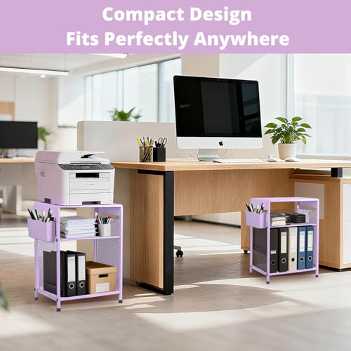 ECOLOVI Kids Nightstand 19in High for Floor Beds, 3-Tier Metal Small Bedside Table with Adjustable Storage Shelf, Basket & 3 S-Hooks, Low Nightstand for Nursery, Toddler Bedroom (Purple) - color: Purple