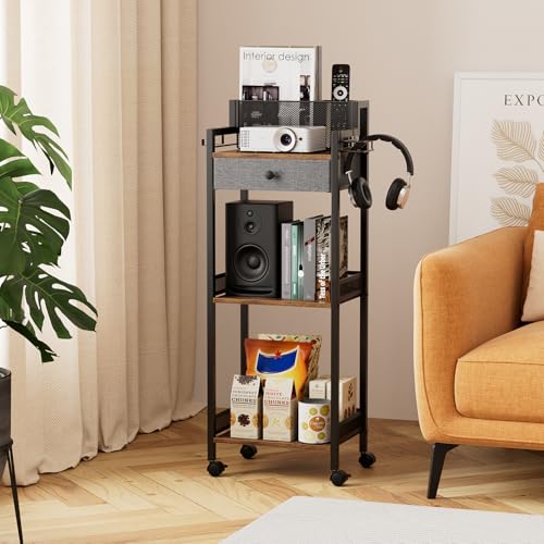 Bathroom Shelves with Drawer, 3 Tier Metal Rolling Standing Unit Storage Organizers with Toilet Paper Holder, Multifunctional Floor Corner Rack for Cosmetic, Dryer Curling Irons 12.8in Wide - color: 12.8“ Black With Drawer