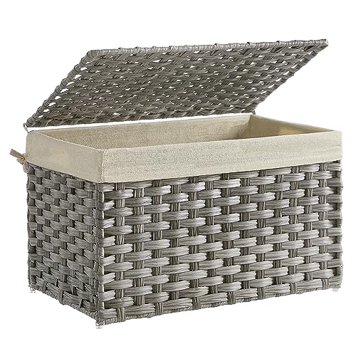 SONGMICS Storage Basket with Lid, Woven Blanket Storage Bin with Handles, Foldable, Removable Liner, Metal Frame, for Bedroom, Laundry Room, 17.2 Gallons (65 L), Gray URST56WG - color: Gray, size: 65 L