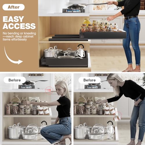 Seinloes 4 Pack Pull Out Cabinet Organizer With Raising Pad for Framed Cabinets,Expandable Width (13"-21") and Depth (17"-24"),3 Slide Rails Slide Out Drawers with Handle,No-Drill Roll Out Shelf,Black - color: Black, size: 13"-21"W x 17"-24"D(4Pack)