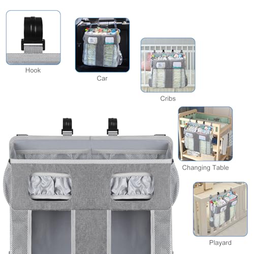 Accmor Changing Table Diaper Organizer, Hanging Diaper Caddy Organizer Stacker for Cribs Changing Table Playard Wall Baby Essentials Storage, Grey - style: Double Enlarged-Grey