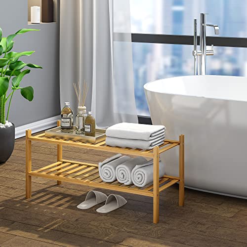 BMOSU 2-Tier Bamboo Shoe Rack Premium Stackable Shoe Shelf Storage Organizer for Hallway Closet Living Room Entryway Organizer (Natural Bamboo) - color: Natural Bamboo, size: 2-Tier（27*11*12.6inches）