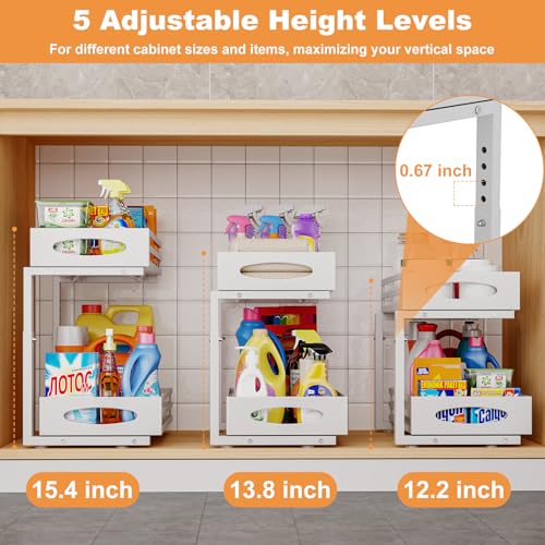 Under Sink Organizer, 2 Tier Under Sink Organizers and Storage, Adjustable Height, Slide out Metal Cabinet Organizers, Pull out Cabinet Storage Drawer Shelf for Kitchen Bathroom (White, 1 Pack) - color: White