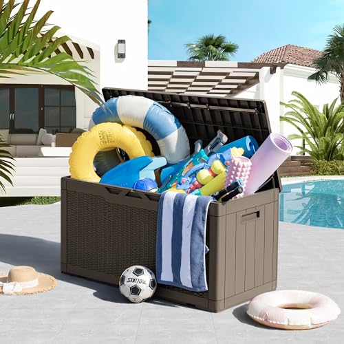 Greesum 100 Gallon Resin Deck Box Large Outdoor Storage, Imitation Rattan Weave Texture for Patio Furniture, Garden Tools, Pool Supplies, Weatherproof and UV Resistant, Lockable, Light Coffee - color: Light Coffee, size: 100 Gallon