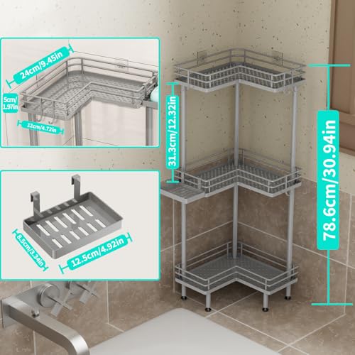 HapiRm Corner Shower Caddy Standing - 3 Tier Shower Organizer Corner with Soap Holder, Rustproof Bathroom Standing Organizer with 4 Hooks, Grey - color: Grey, size: 3-tier