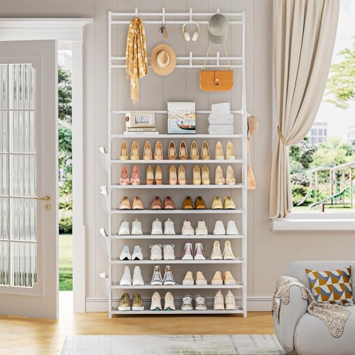 OYREL Shoe Rack 8 Tier Large Shoe Organizer Storage 32-40 Pairs Metal Shoe Storage Rack with Hooks and Side Pocket for Entrance Entryway Closet Shoe Shelf Holder - color: White, size: 8 Tier