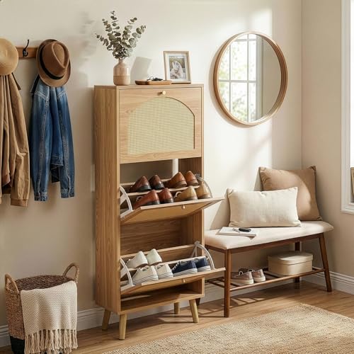 Karl home Shoe Rack Storage Organizer, Rattan-Panel 3-Tilt-Out Shoe Storage Cabinet, Hidden Shoe Storage for Entryway,Ideal for Heels,Slippers,Casual Shoes,Natural Wood Finish - color: Natural Wood Finish, size: 3-Tilt-Out