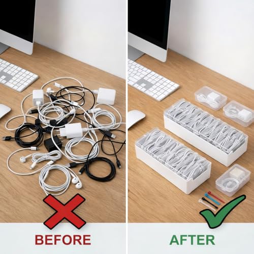 KUGUA 2 Pack Cable Organizer Box Set with 7 and 11 Clear Cases for Charging Cables, Chargers, Earphones and Small Accessories, Includes Cable Ties and Labels for Home, Desk and Drawer